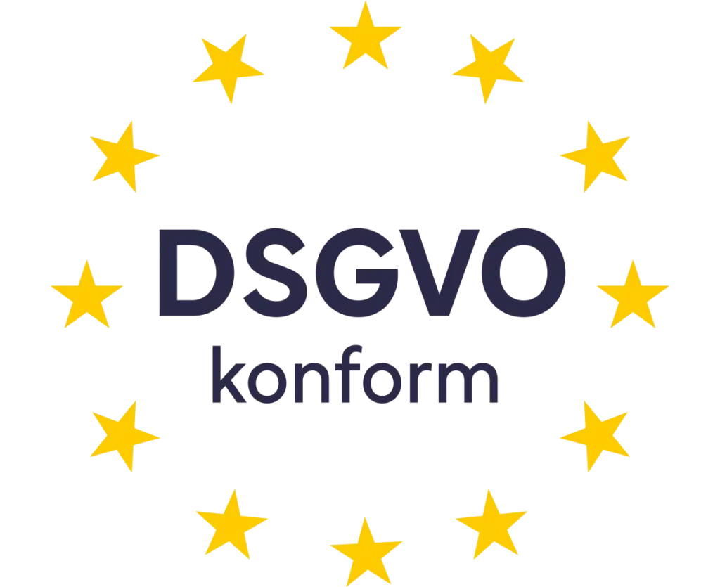 DSGVO konform Logo mit gelben Sternen in einem Kreis um den Text
