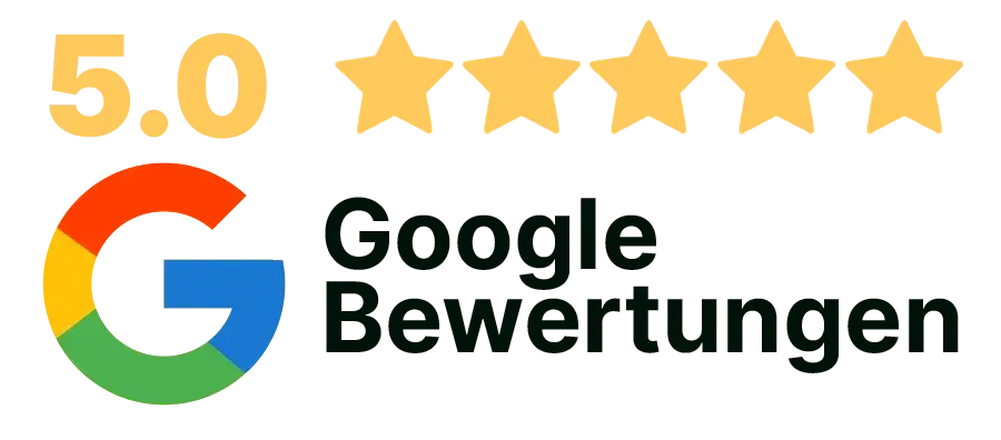 Google Logo mit der Bewertung 5.0 und fünf gelben Sternen