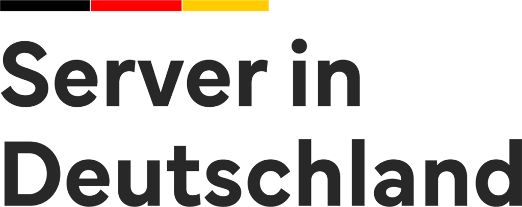 Grauer Text "Server in Deutschland" auf schwarzem Hintergrund mit roten und gelben Balken oben